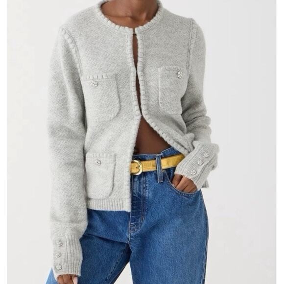 NWT J.CREW Womens with Jewel Button Odette Knit Cardigan Jacket Gray Size Medium - Picture 1 of 11